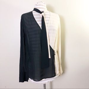 MNG | Tie Neck Color Block Blouse B-11